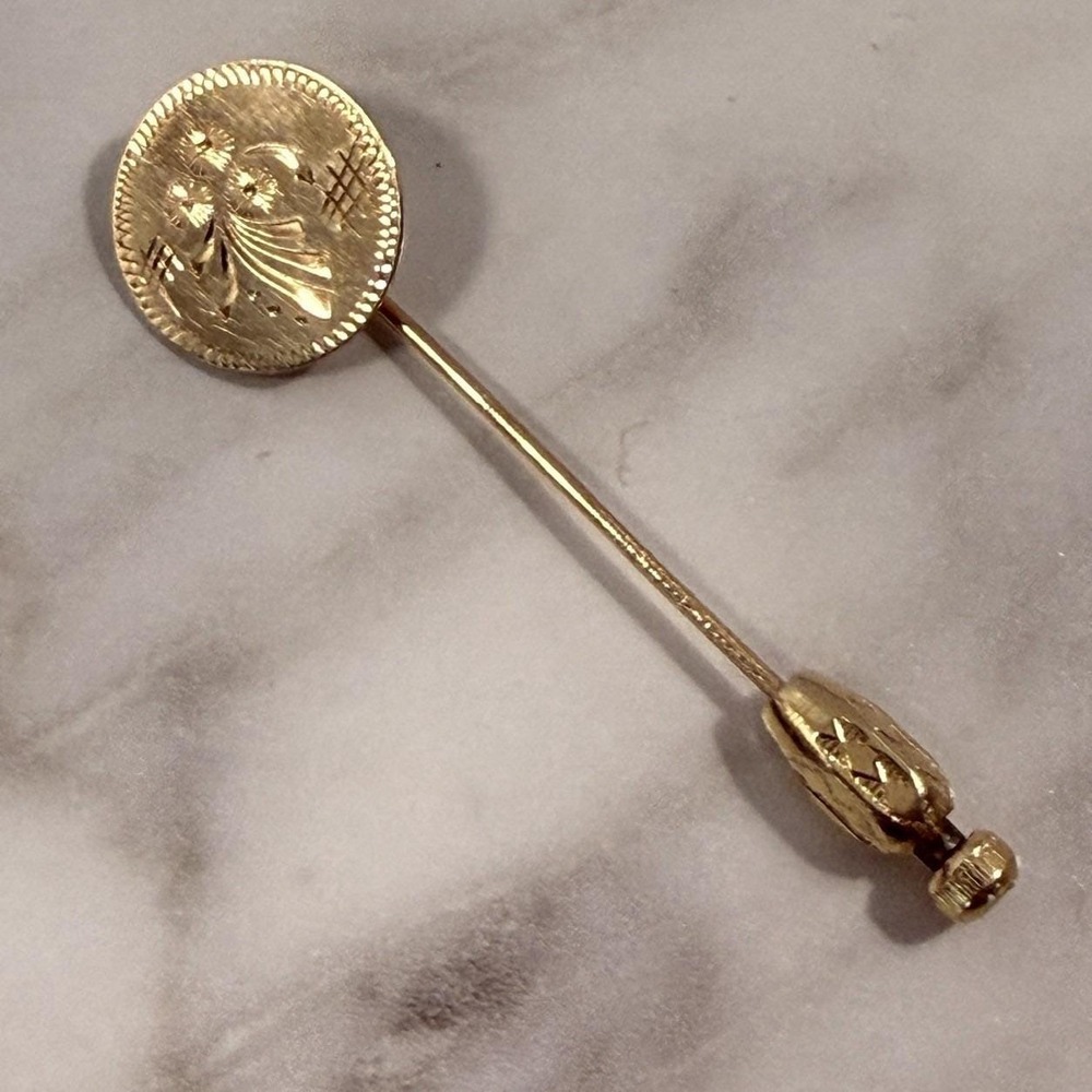 14k Yellow Gold Engraved Floral Flower Stick Pin Yugoslavia 1.5 gr Vintage